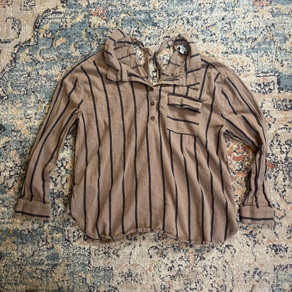 She and Sky Shirt Women's Size Large Striped Brown Long Sleeve Button Up Blouse
